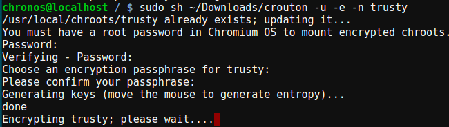 Диалог шифрования chroot в Crouton