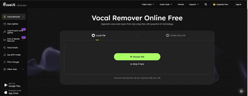 Загрузка файла в EaseUS Online Vocal Remover