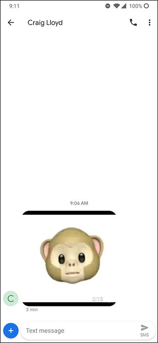 Пользователь получает Animoji как видео в приложении сообщений на Android
