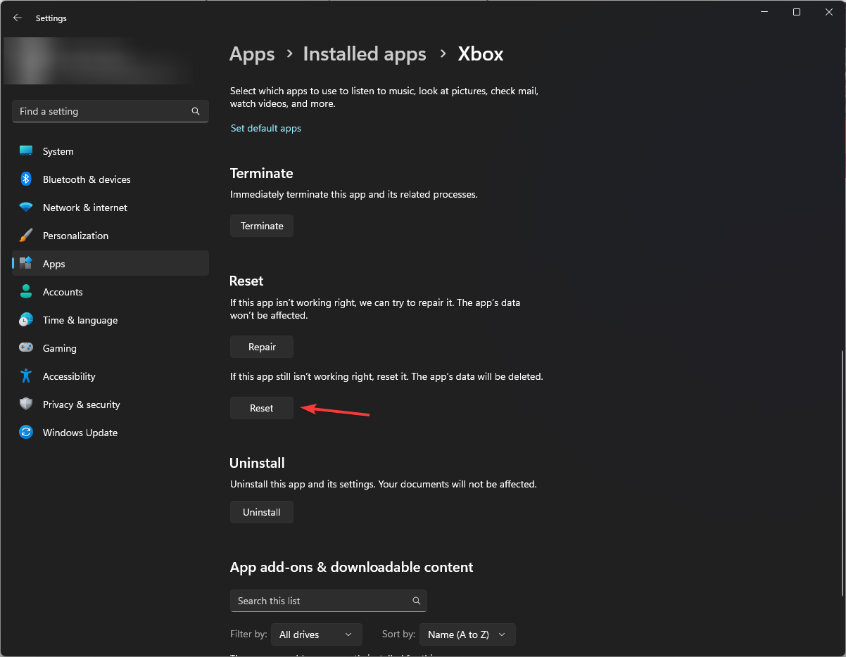 Снимок экрана: сброс приложения Xbox