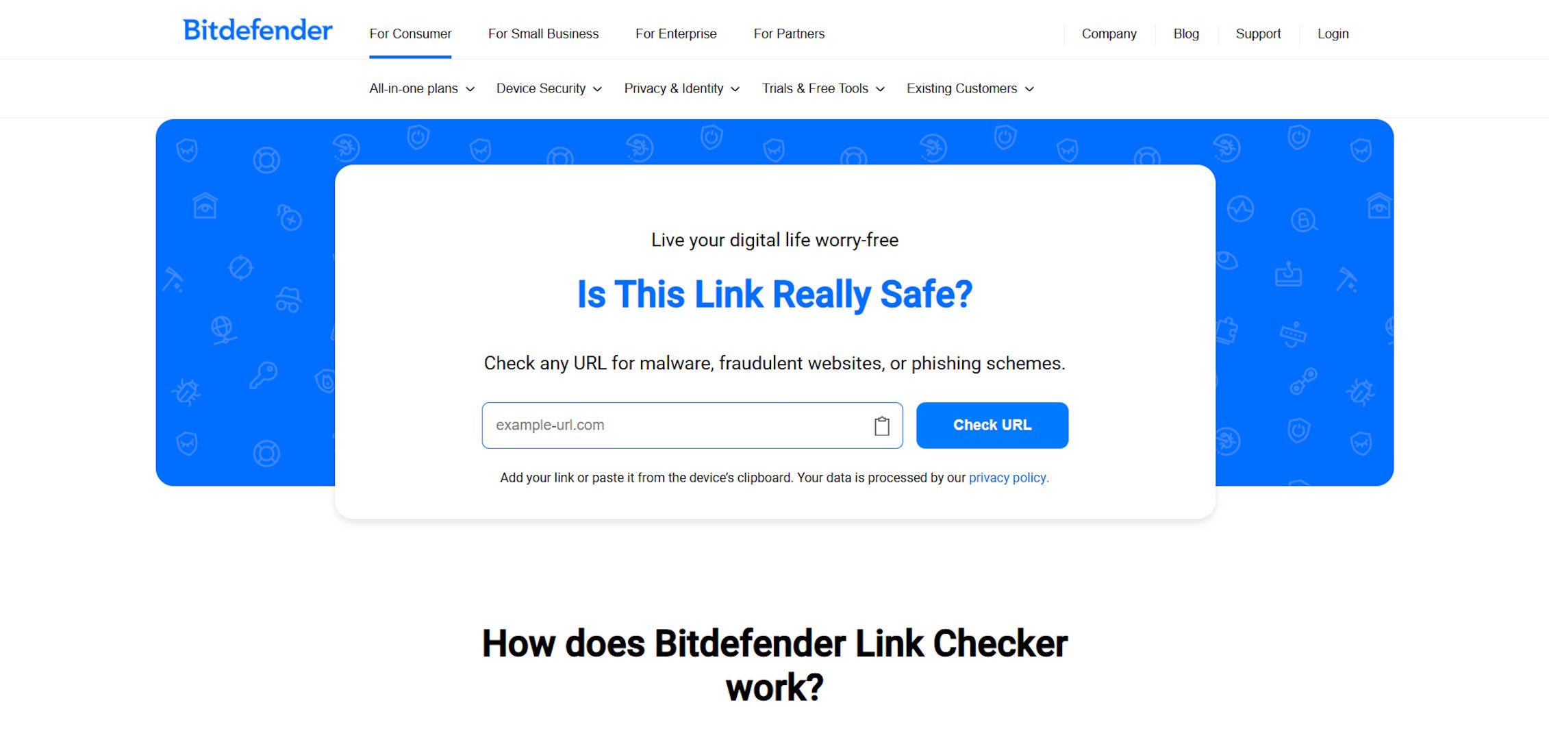 Интерфейс Bitdefender Link Checker: поле для ввода URL и индикатор проверки