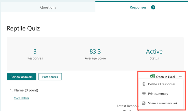 Опции работы с ответами в Microsoft Forms