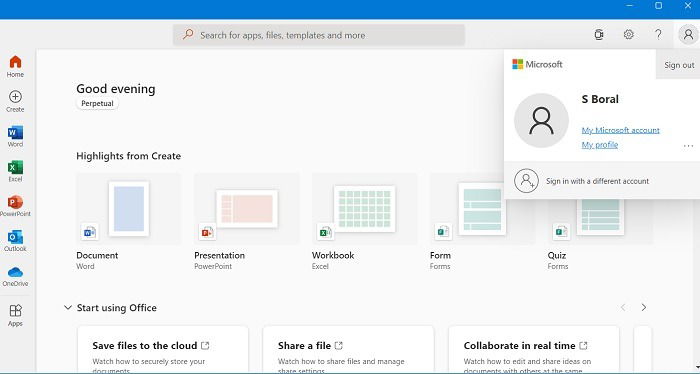 Меню выхода из учётной записи Office