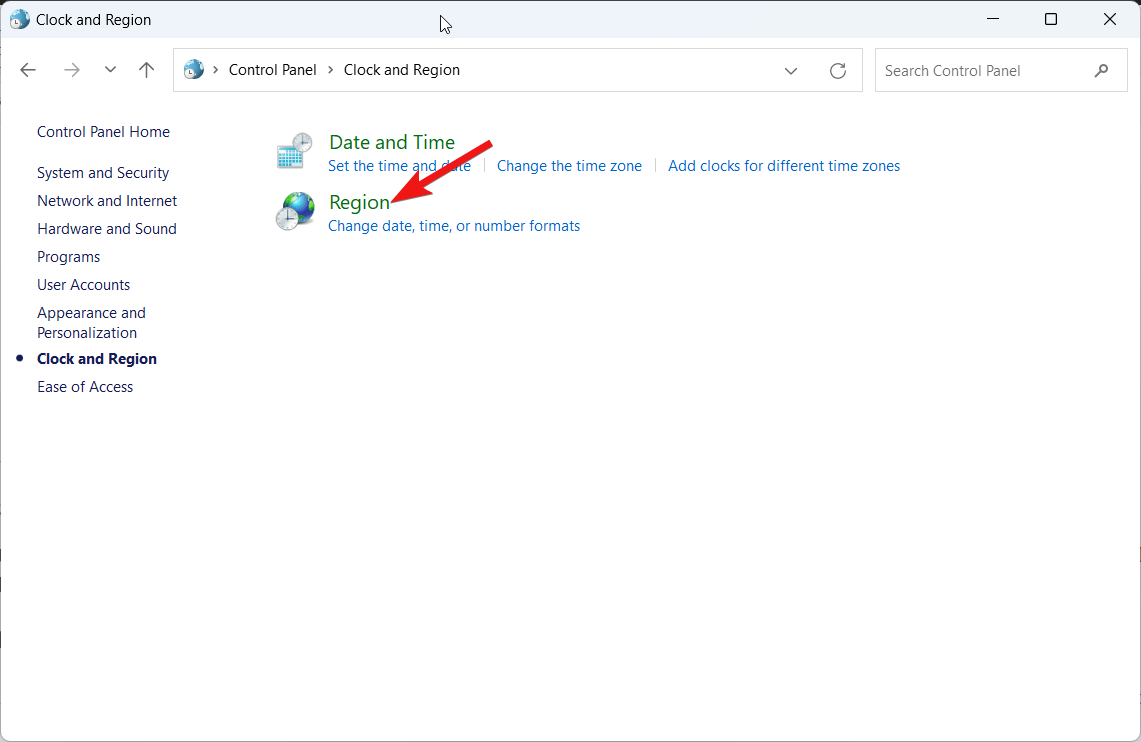 Выберите опцию Регион