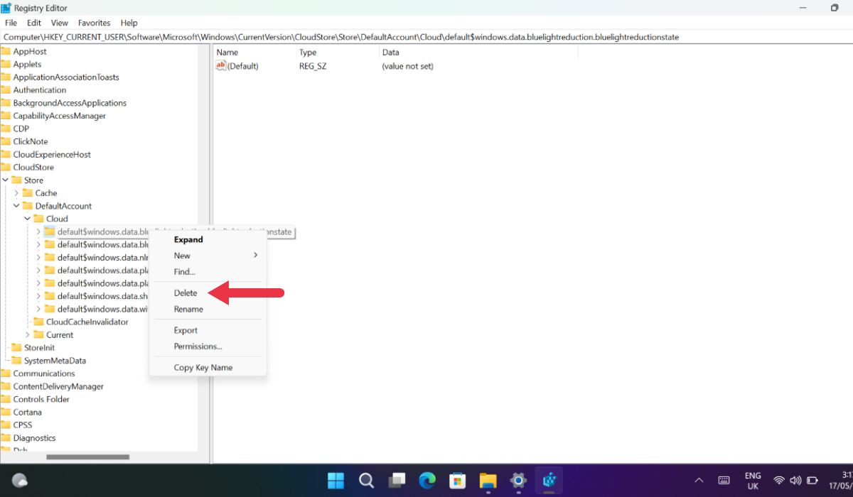 Удаление подпапки состояния ночного света в реестре