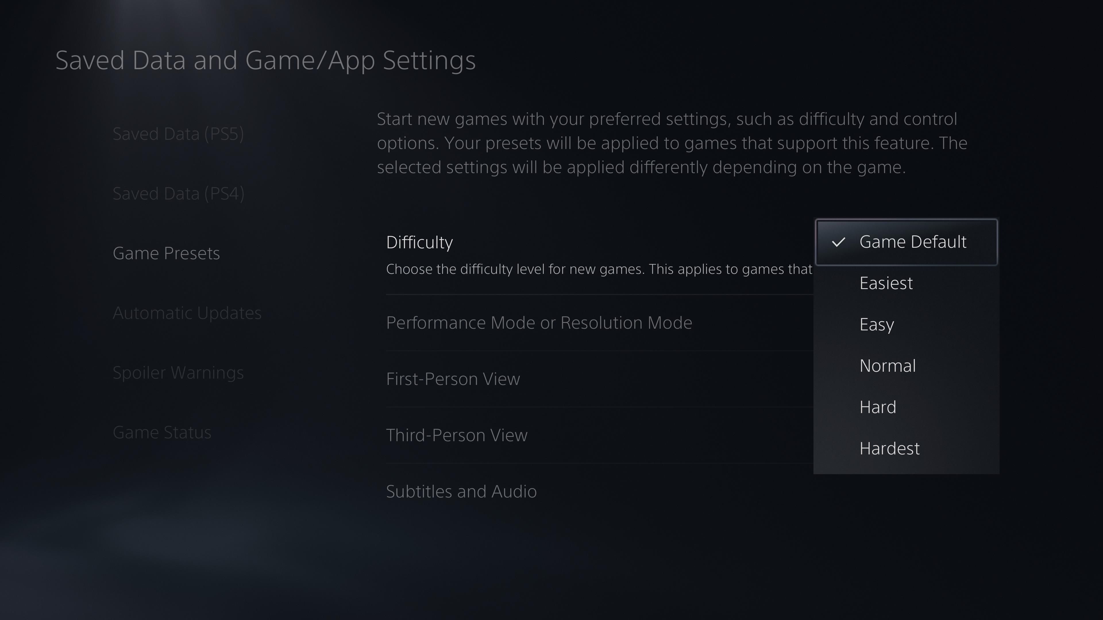 Пресет сложности на PS5