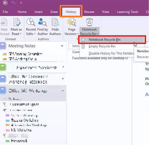 OneNote 2016: восстановление страниц из истории