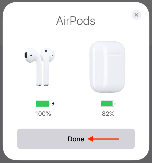 Нажмите Готово после сопряжения AirPods