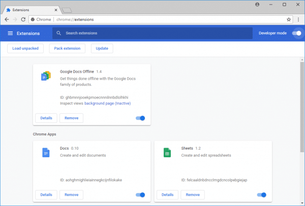 Переключатель 'Режим разработчика' на странице расширений Chrome