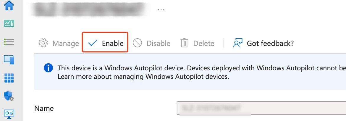 Кнопка 'Enable' для Azure AD device object в Intune