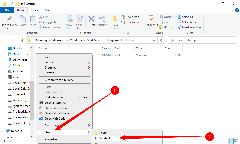 Щёлкните правой кнопкой и выберите Новая > Ярлык. 