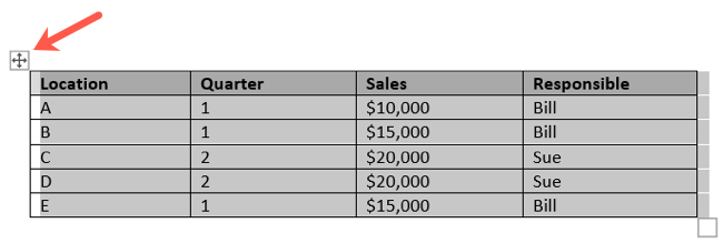 Таблица выделена в Word