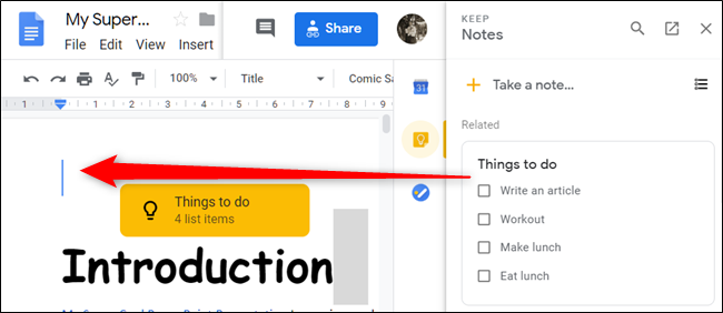 Перетащите заметку из боковой панели прямо в документ.