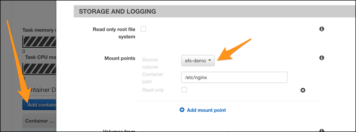 Консоль: добавление точки монтирования в задаче ECS