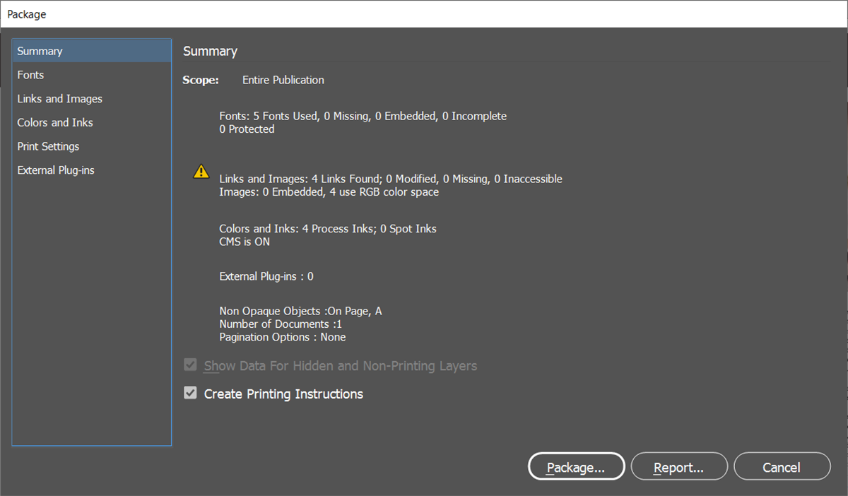Панель Package в InDesign: сводка и ошибки