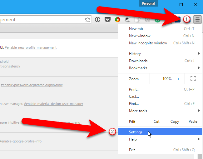 Открытие настроек Chrome