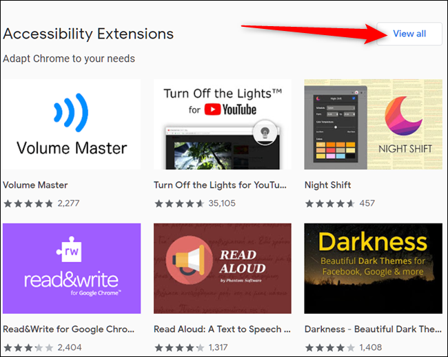 Нажмите «View All» для просмотра всех расширений доступности