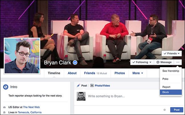 Опция «Блокировать» в меню профиля на сайте