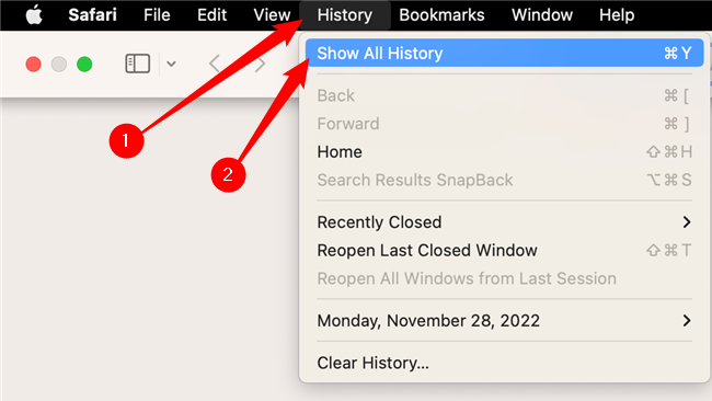 Окно Истории Safari с подсказкой Command+Y для быстрой навигации