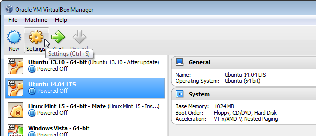 Кнопка Settings в окне VirtualBox