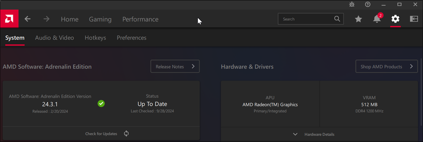 Экран проверки обновлений в AMD Software на Windows 11