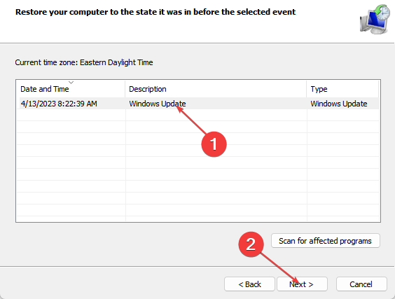 Список доступных точек восстановления