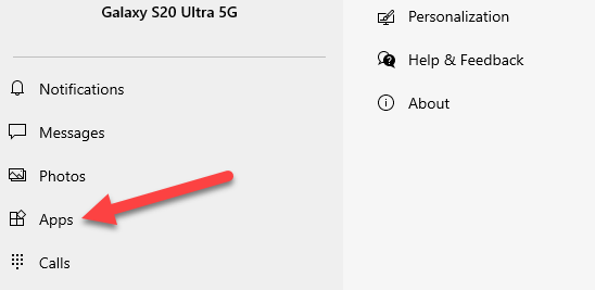 Раздел Apps в боковом меню приложения Your Phone