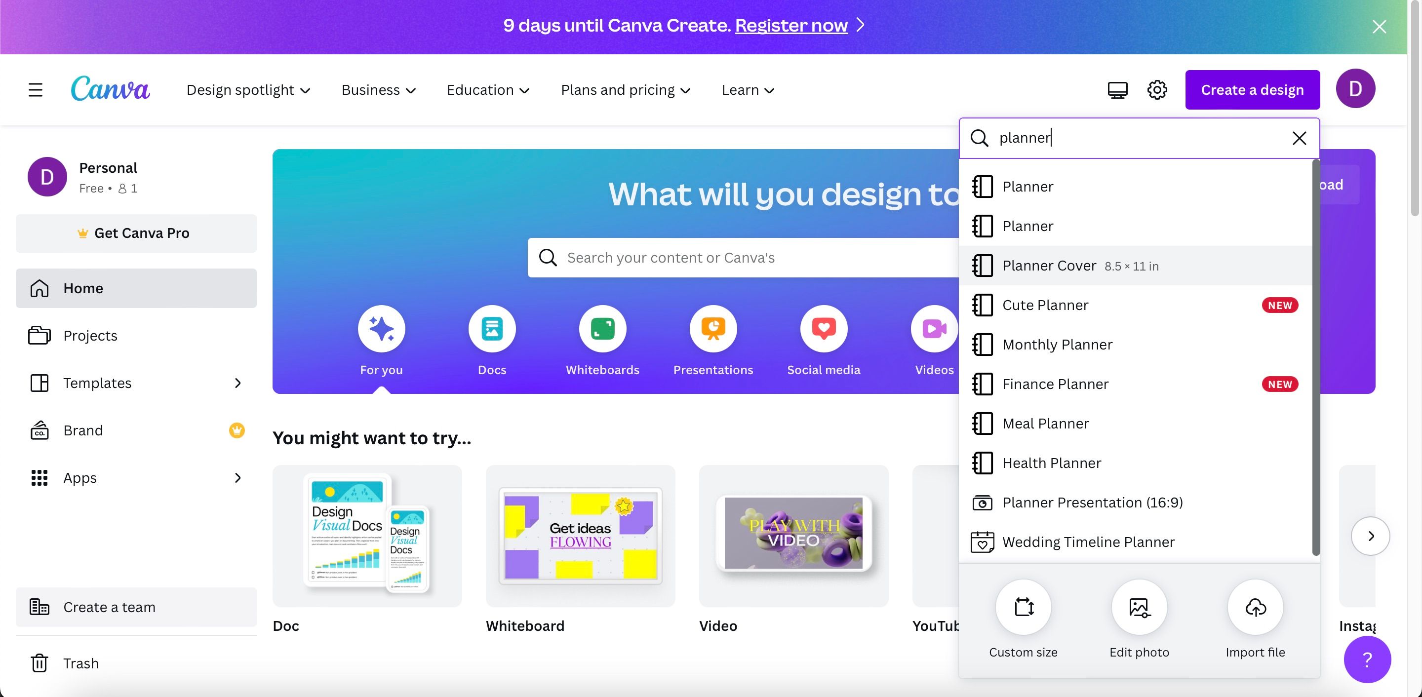 Выбор размера планера в Canva — опции шаблона и персональный размер