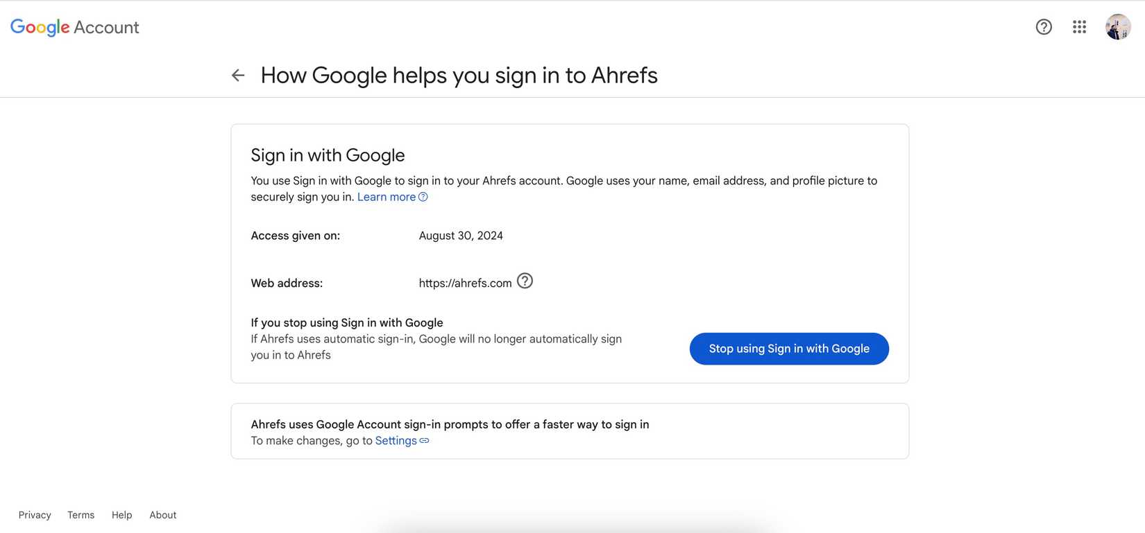 удаление доступа через сайт Google — экран настроек