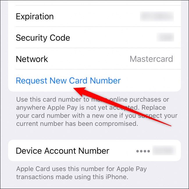 Кнопка запроса нового номера Apple Card в Wallet