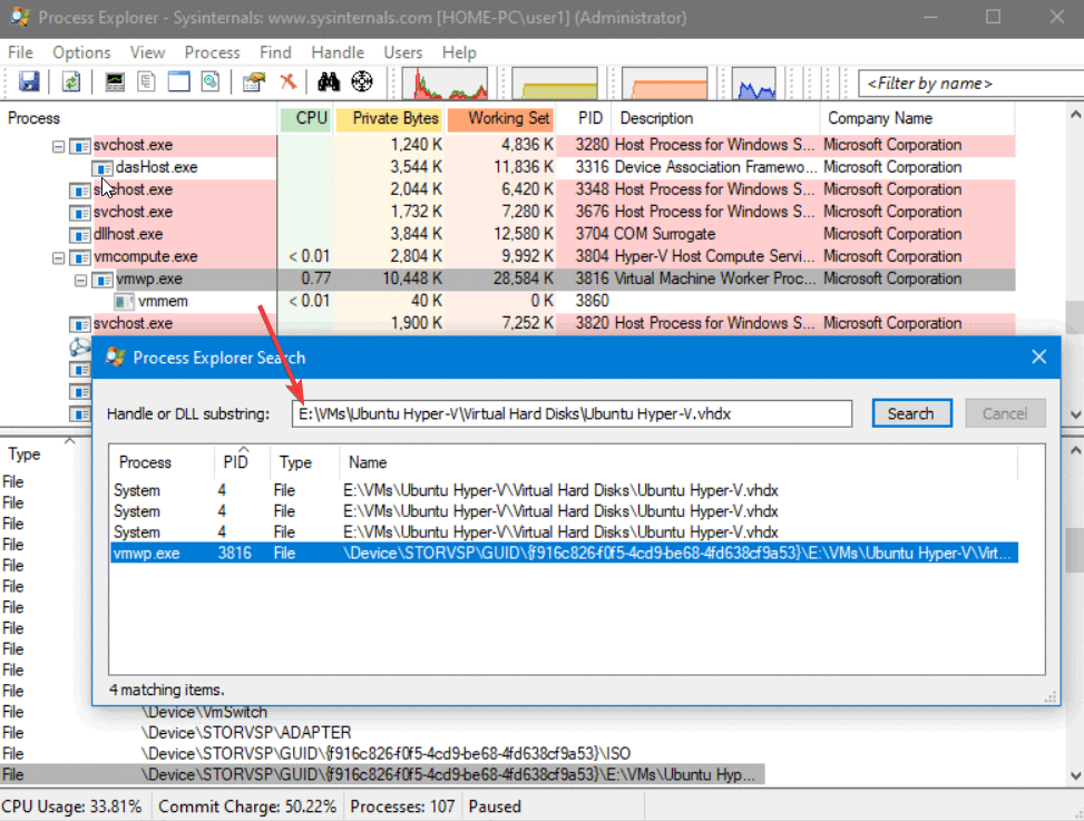 Поиск процесса по пути VHDX в Process Explorer