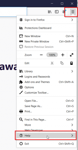 Меню справки в Firefox