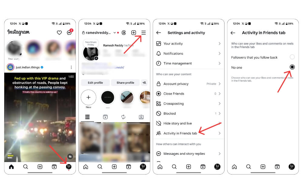 Скрыть лайки и комментарии во вкладке «Друзья» Instagram