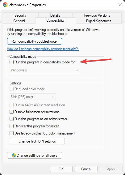 Снятие галочки 'Выполнять программу в режиме совместимости' для Chrome