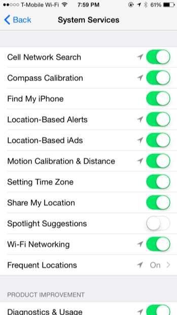 Экран системных служб iOS с опцией подсказок Spotlight для геолокации