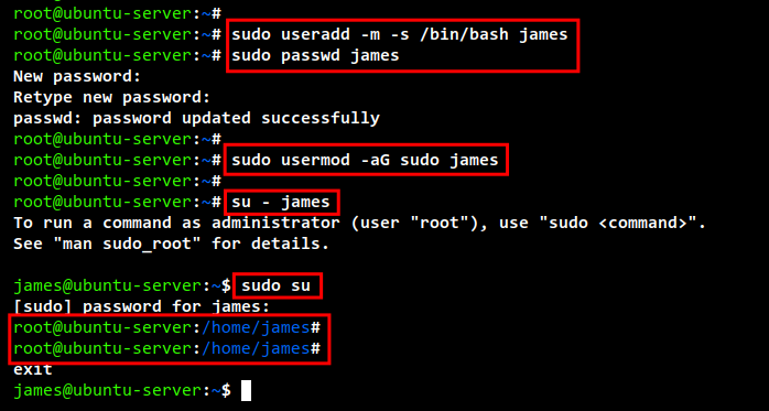 Создание нового пользователя james в Ubuntu