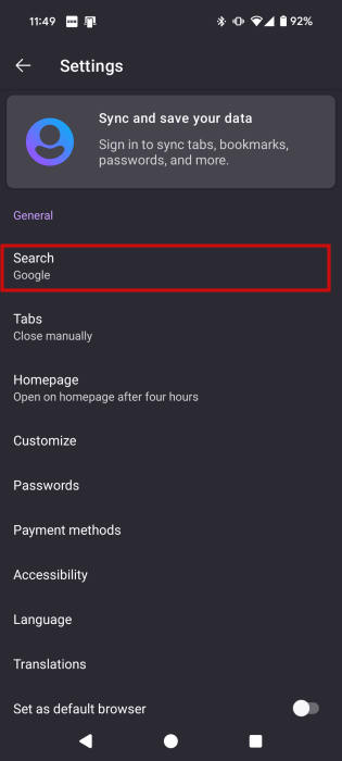 Доступ к Поиску в Firefox для Android.