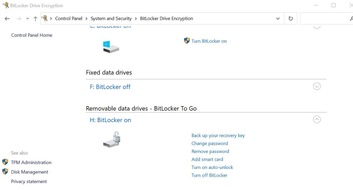 Экран диспетчера BitLocker в Windows 10