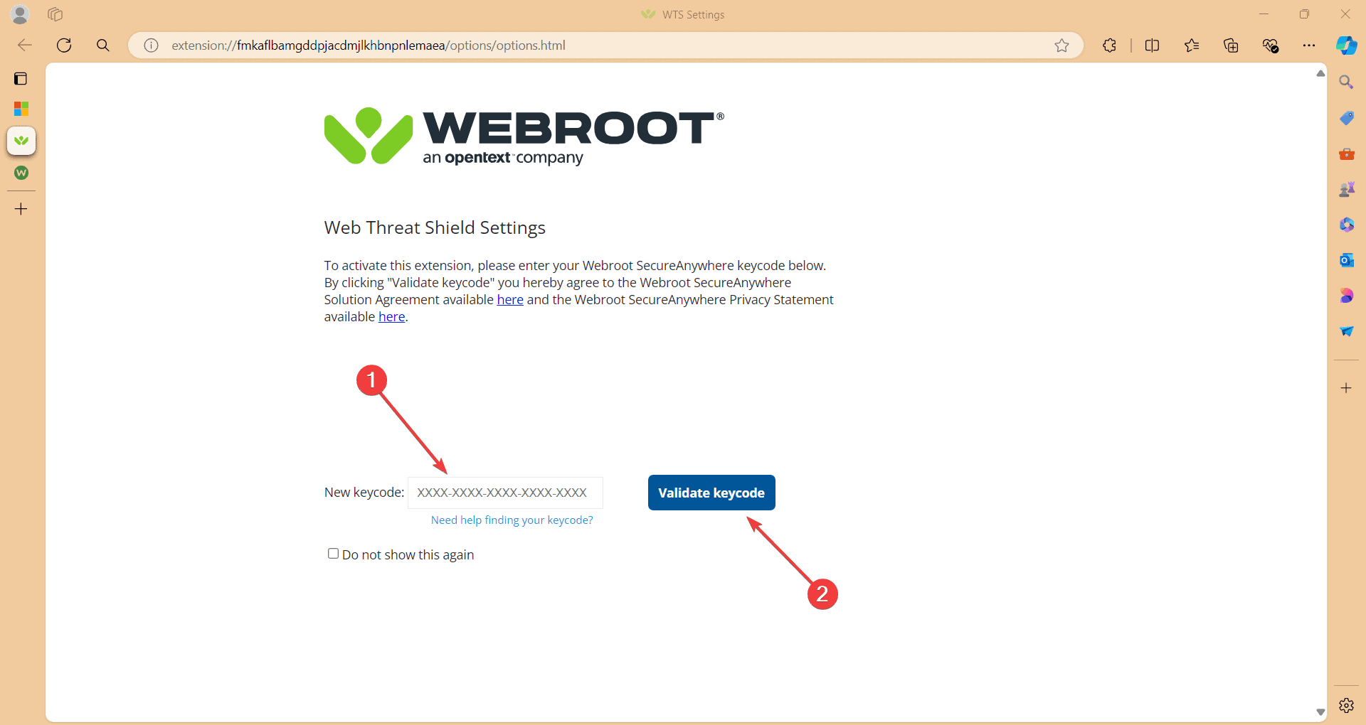 Поле ввода кода активации Webroot в окне расширения