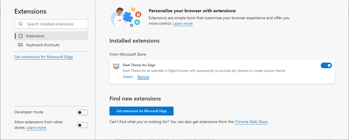 Список расширений в Microsoft Edge с опцией удаления