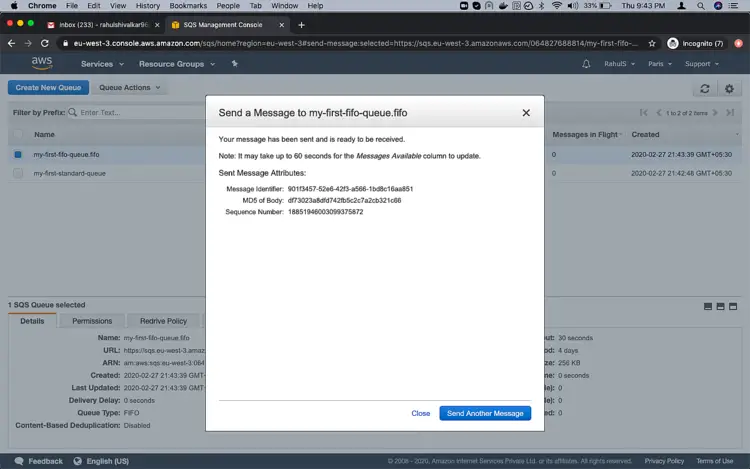 Подтверждение успешной отправки сообщения в FIFO очереди