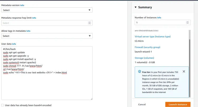 Вставка User data в мастер запуска EC2