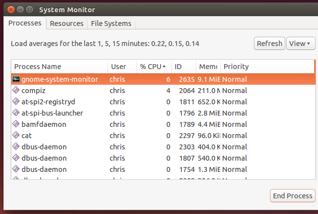 Пример списка процессов в System Monitor