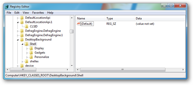 Переход к HKEY_CLASSES_ROOTDesktopBackgroundShell