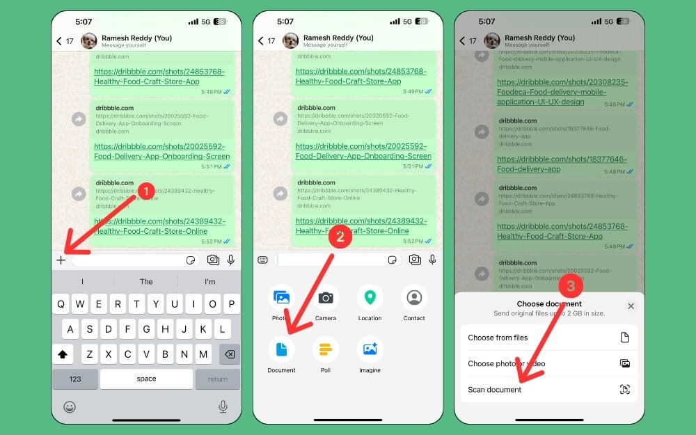 Опция «Сканировать документ» в WhatsApp на iPhone