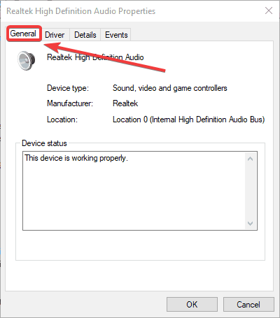 Свойства звуковой карты — вкладка Общие