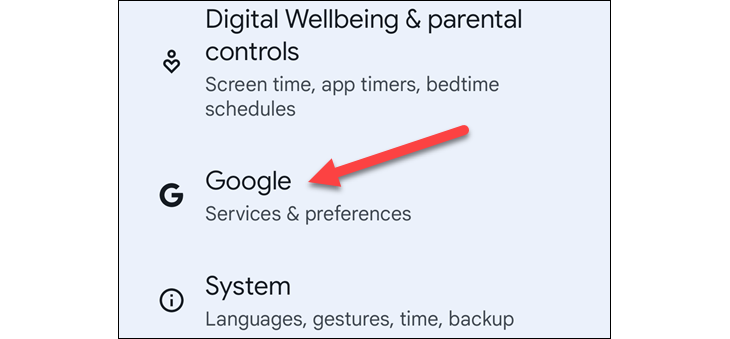 Раздел Google в настройках Android.