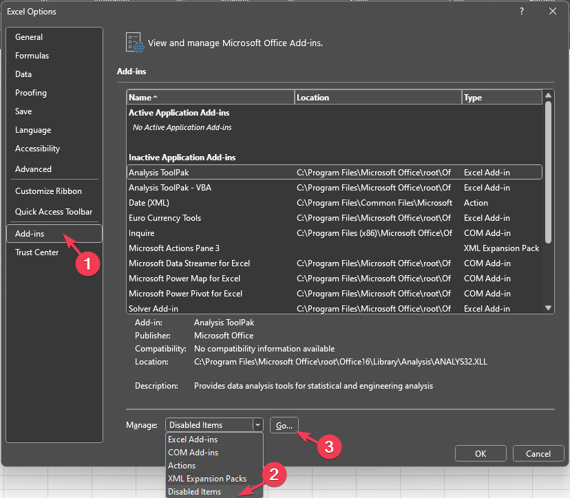 Надстройки: отключённые элементы