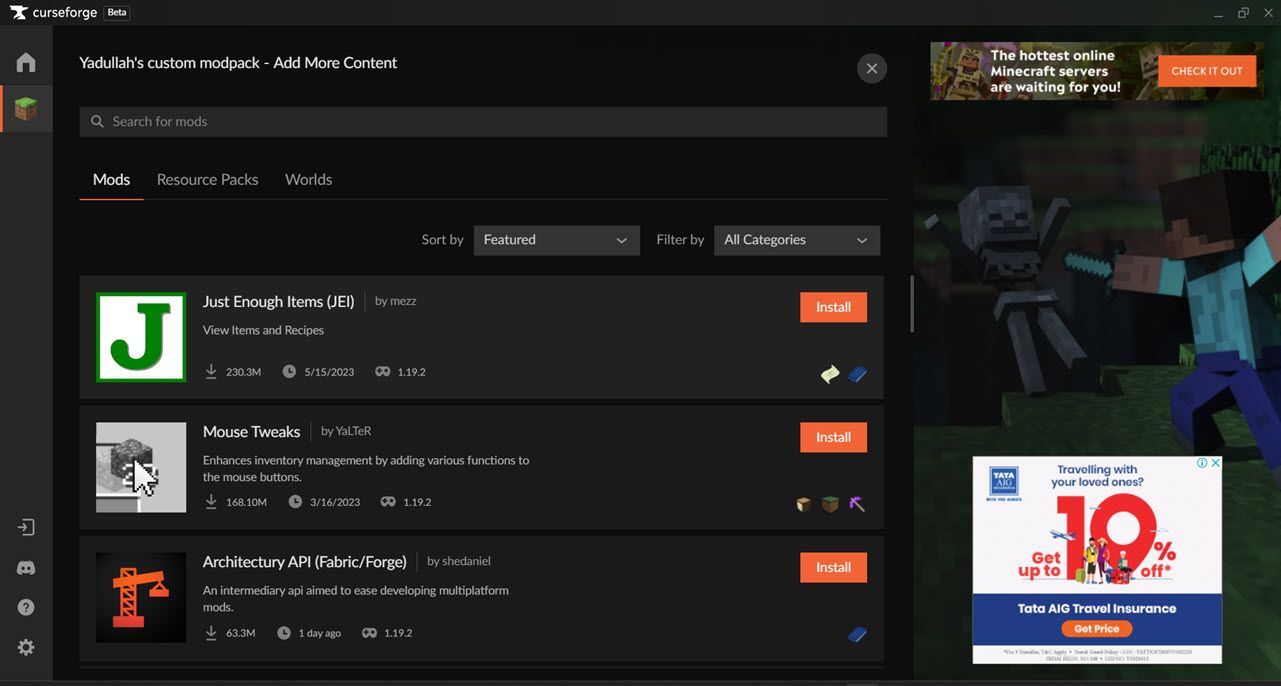 Добавление модов в пользовательский мод‑пак CurseForge