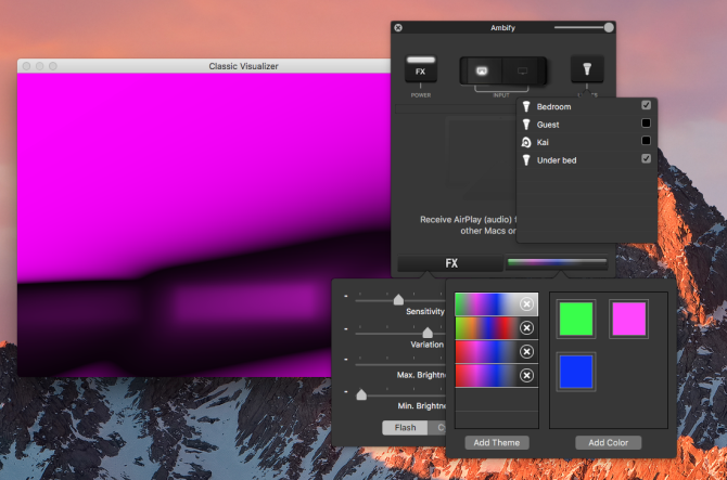 окно настроек Ambify с опциями чувствительности и визуализатором